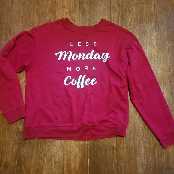Awake Red Crewneck Funny "Less Monday More Coffee" Graphic Sweatshirt Size L - Picture 1 of 4